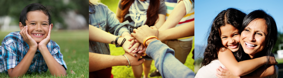 boy smiling, hands in a circle, and a little girl on her mom's back