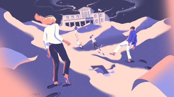 drawing of young people walking up to a building looking lsot